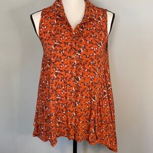 Umgee Orange Floral Button Sleeveless Fall Boho Cotton High-low Blouse